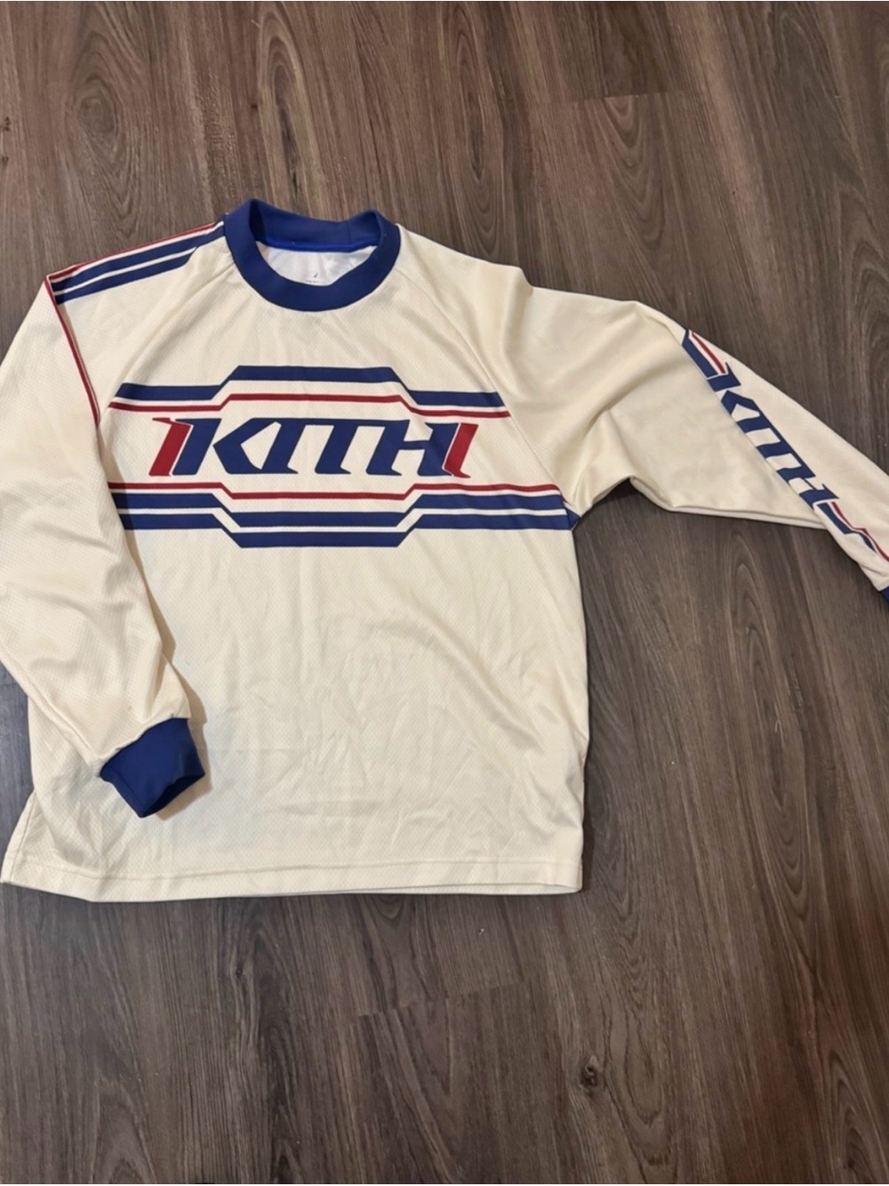 Kith White Long Sleeve Jersey with Blue & Red Logo Stripes